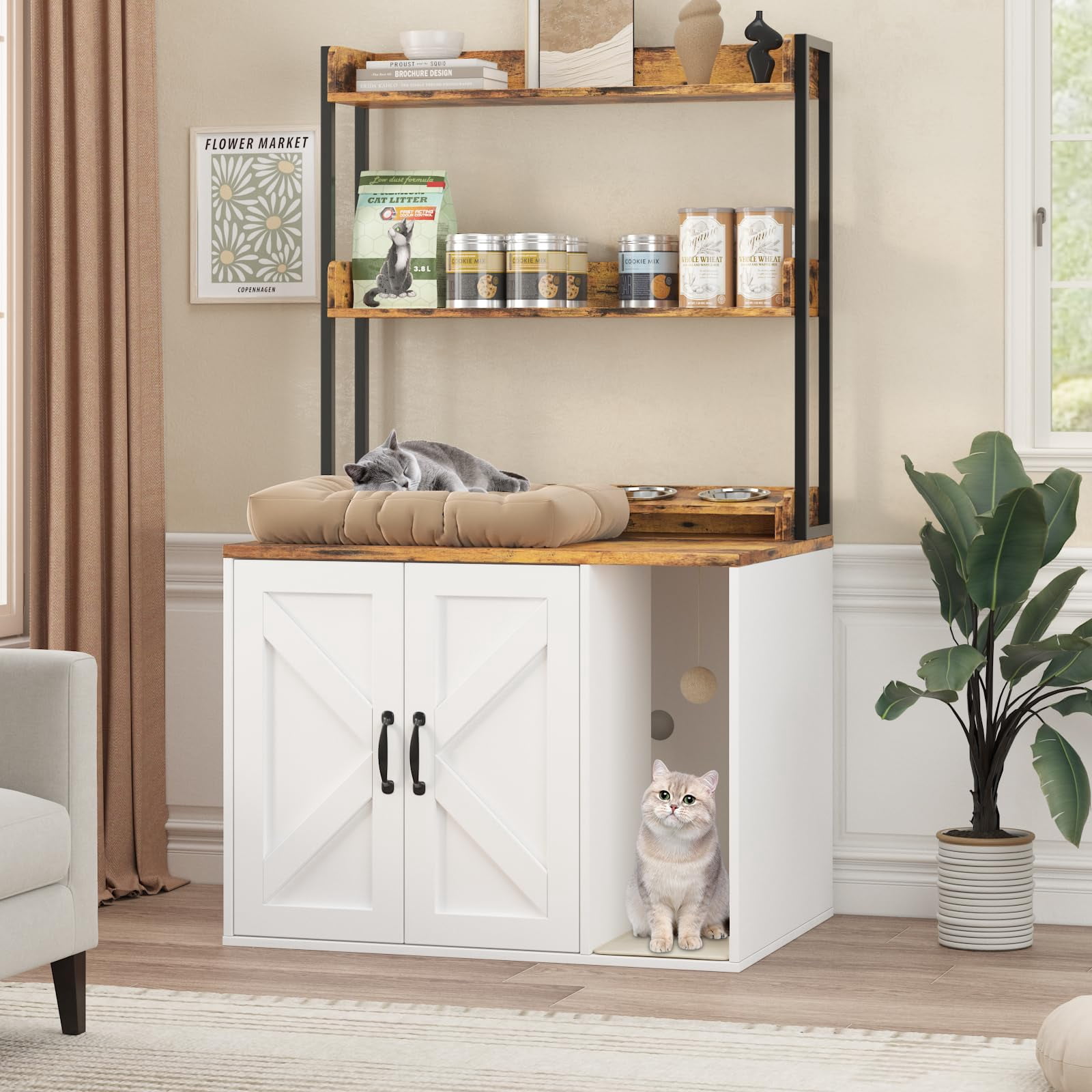 55" Cat Litter Box Enclosure Furniture with Power Outlet, Hidden Litter ...