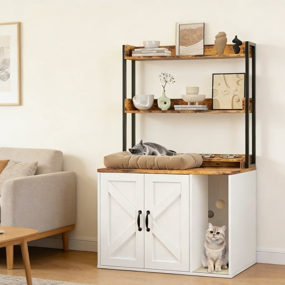 55" Cat Litter Box Enclosure, Hidden Wooden Cat House with 2 Storage Shelves for Living Room Entryway