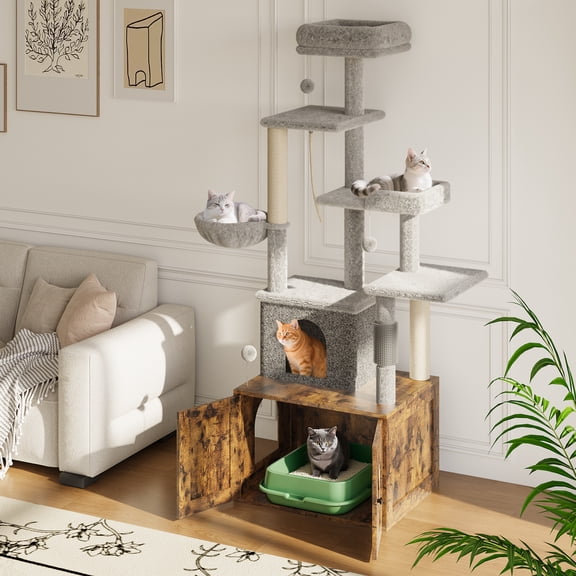 55" Cat Tree w/Litter Box Enclosure, All-In-One Multi-Level Tower w/Hammock & Scratching Posts