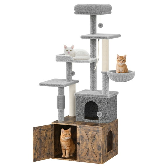 55" Cat Tree w/Litter Box Enclosure, All-In-One Multi-Level Tower w/Hammock & Scratching Posts