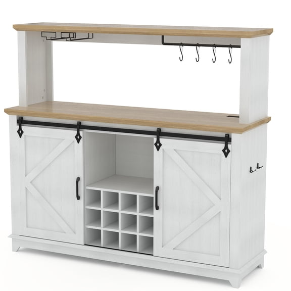 55 in Coffee Bar Cabinet with Power Outlet & LED Light, Farmhouse Large Kitchen Hutch with Sliding Barn Door, Tall Bar Cabinets with Storage Drawers & Wine Glass Rack, Buffet Cabinet for Home,White