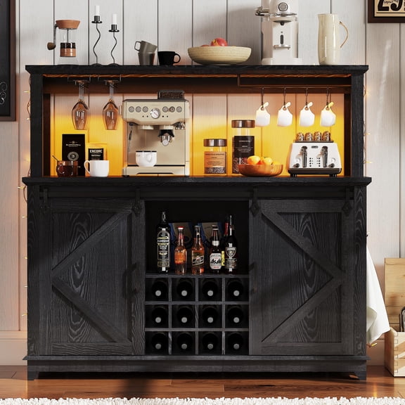 55 in Coffee Bar Cabinet with Power Outlet & LED Light, Farmhouse Large Kitchen Hutch with Sliding Barn Door, Tall Bar Cabinets with Storage Drawers & Wine Glass Rack, Buffet Cabinet for Home,Black