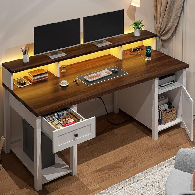 55" Computer Desk with Drawers Farmhouse Desk with Long Monitor Stand