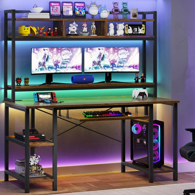 Ivy Bronx Hallsburg 55“ L Shaped Desk Gaming Desk with LED Lights & Power  Outlets, Computer Desk with Storage Shelves & Reviews