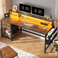 thumbnail image 1 of 55" Computer Desk with LED Lights, Gaming Desk with Drawers & Storage Bag, Office Desks with Power Outlets & Monitor Stand, Home Office Desks for Bedroom, Gaming Room, Rustic Brown, 1 of 16