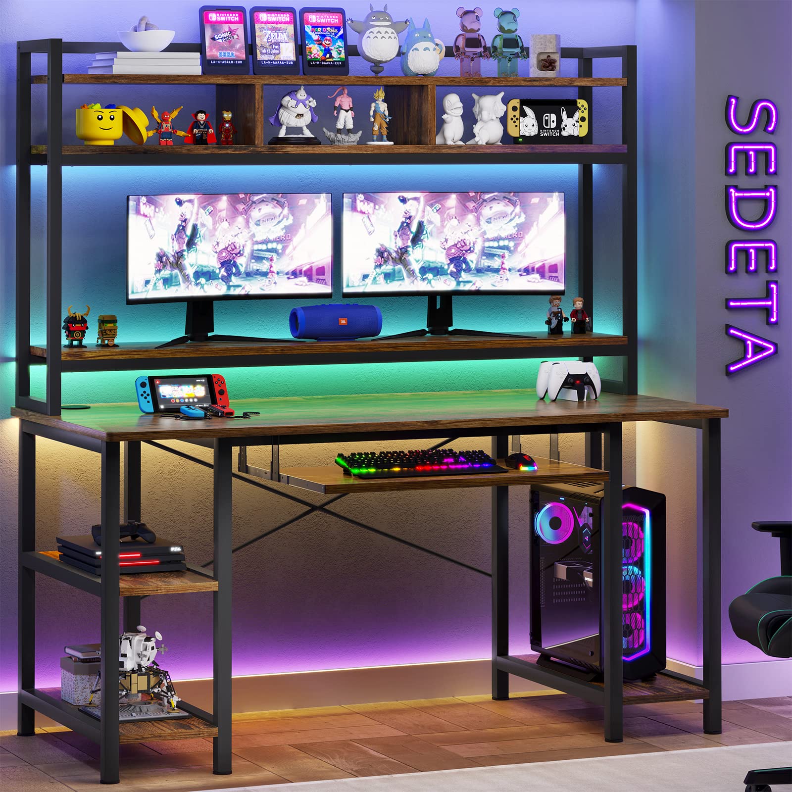 Gaming Desk with Storage Hutch, LED Lights/Keyboard Tray