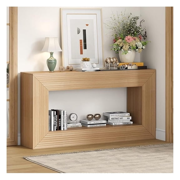 55" Console Table, 2-Tier Farmhouse Sofa Table with Storage Behind Couch, Narrow Rectangular Entryway Table for Living Room, Hallway, Entrance, Foyer, Natural