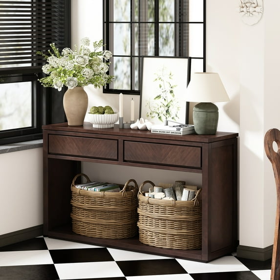 55" Console Table,Rustic Wooden Entryway Table,Narrow Long Sofa Table,Hallway Foyer Table,with 2 Storage Drawers and Open Shelf,for Hallway and Living Room,Espresso