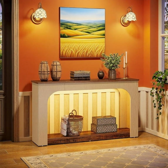 55" Console Table with Led Light, 2-Tier Entryway Table, Wooden Sofa Side Table, Modern Couch Table for Living Room, Entrance, Hallway, White