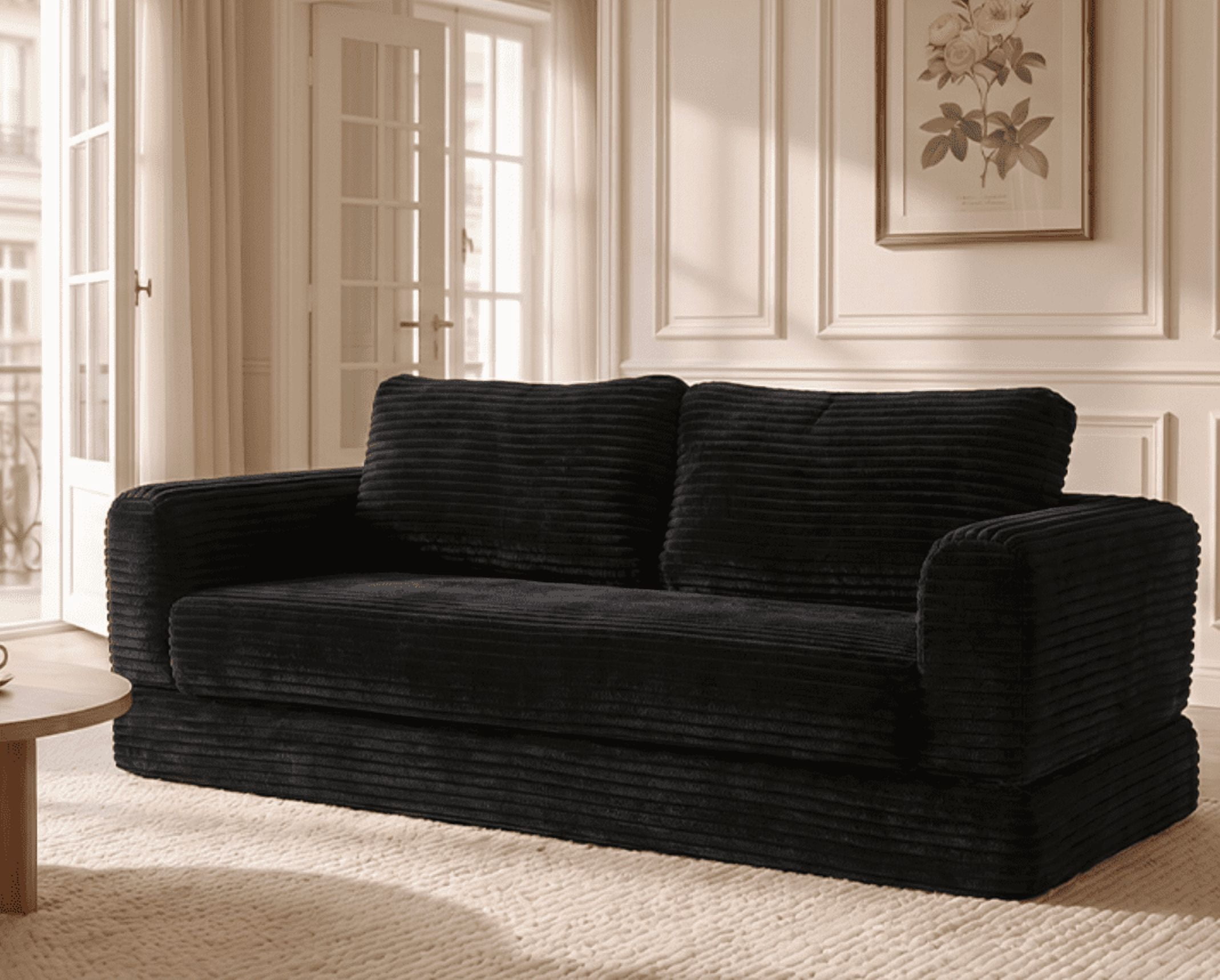 55" Convertible Futon Sofa Bed,Folding Boneless Couch with Sleeper Sofa,Fold Out Floor Sofa with Deep Seat,Cloud Corduroy Foldable Mattress Couch for Living Room,Black