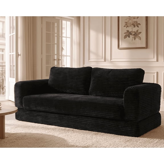 55" Convertible Futon Sofa Bed,Folding Boneless Couch with Sleeper Sofa,Fold Out Floor Sofa with Deep Seat,Cloud Corduroy Foldable Mattress Couch for Living Room,Black