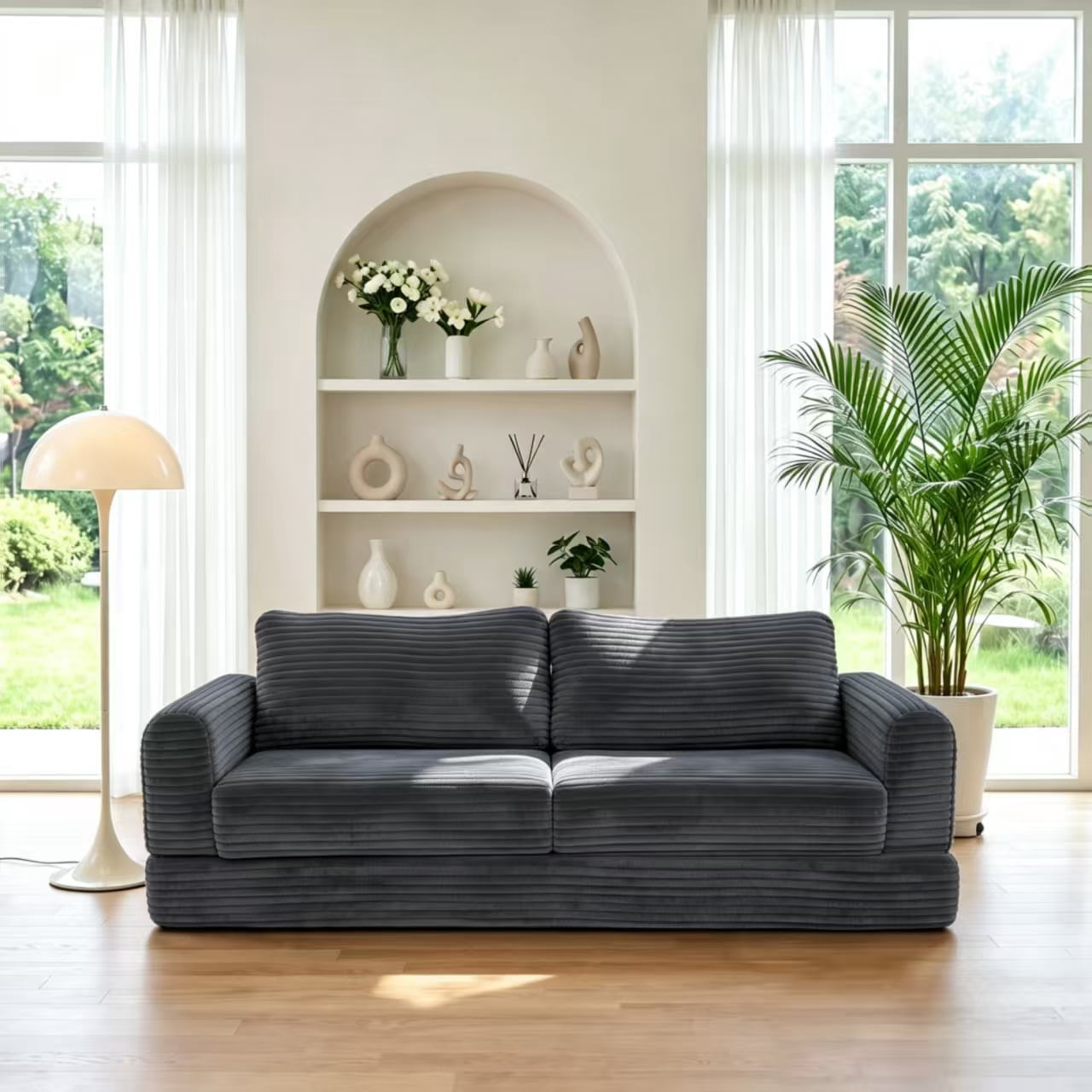 55" Convertible Futon Sofa Bed,Folding Boneless Couch with Sleeper Sofa,Fold Out Floor Sofa with Deep Seat,Cloud Corduroy Foldable Mattress Couch for Living Room,Dark Gray