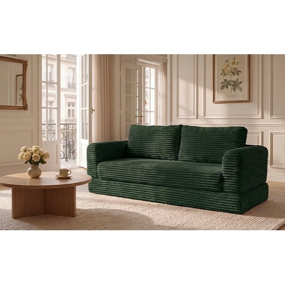 55" Convertible Futon Sofa Bed,Folding Boneless Couch with Sleeper Sofa,Fold Out Floor Sofa with Deep Seat,Cloud Corduroy Foldable Mattress Couch for Living Room,Green