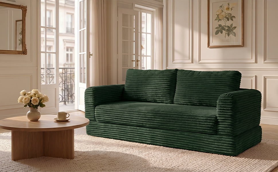 55" Convertible Futon Sofa Bed,Folding Boneless Couch with Sleeper Sofa,Fold Out Floor Sofa with Deep Seat,Cloud Corduroy Foldable Mattress Couch for Living Room,Green