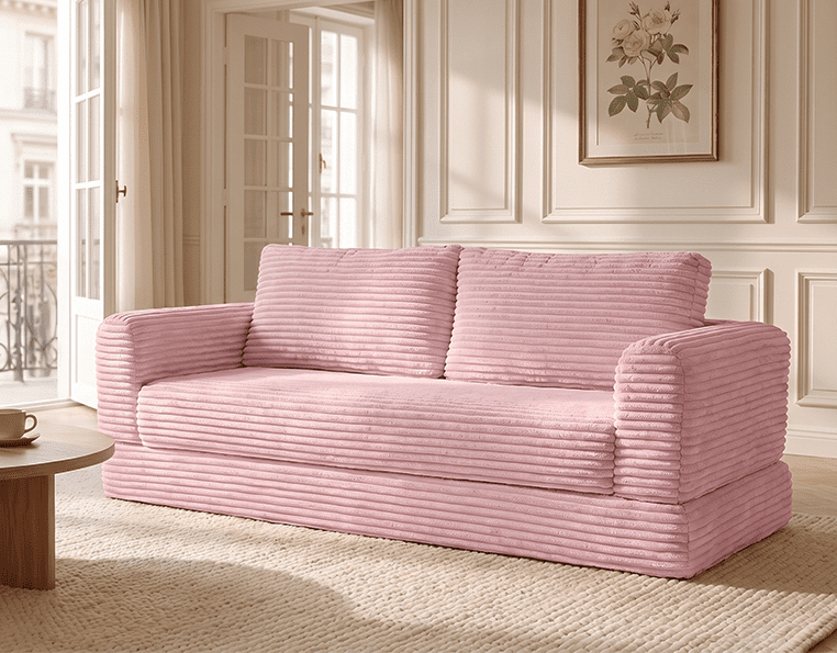 55" Convertible Futon Sofa Bed,Folding Boneless Couch with Sleeper Sofa,Fold Out Floor Sofa with Deep Seat,Cloud Corduroy Foldable Mattress Couch for Living Room,Pink