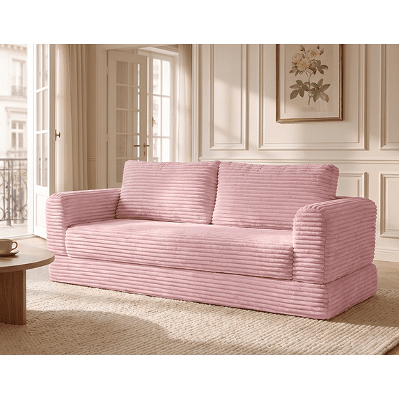55" Convertible Futon Sofa Bed,Folding Boneless Couch with Sleeper Sofa,Fold Out Floor Sofa with Deep Seat,Cloud Corduroy Foldable Mattress Couch for Living Room,Pink
