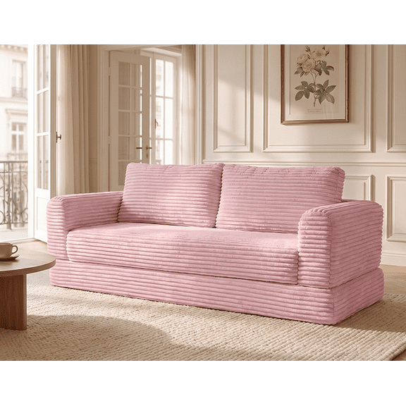 55" Convertible Futon Sofa Bed,Folding Boneless Couch with Sleeper Sofa,Fold Out Floor Sofa with Deep Seat,Cloud Corduroy Foldable Mattress Couch for Living Room,Pink