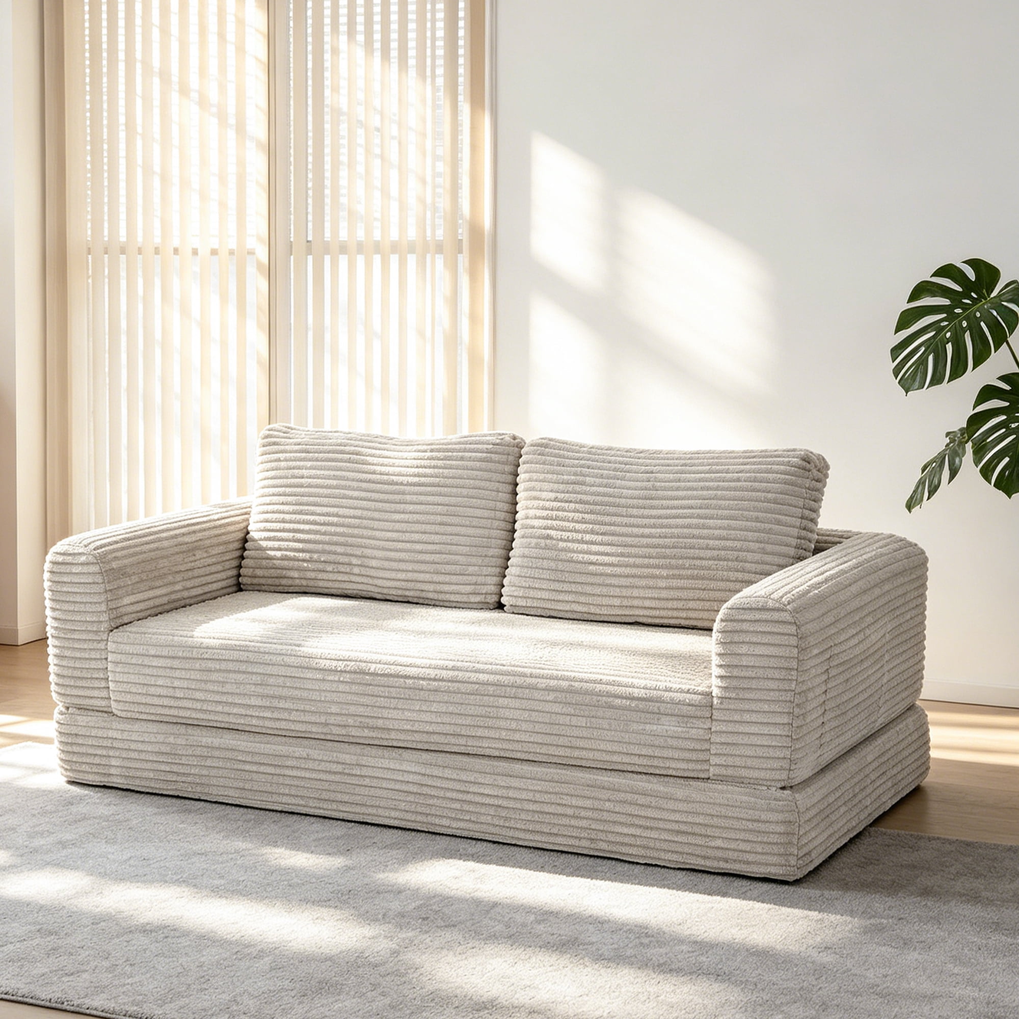 55" Convertible Futon Sofa Bed,Folding Boneless Couch with Sleeper Sofa,Fold Out Floor Sofa with Deep Seat,Cloud Corduroy Foldable Mattress Couch for Living Room,White