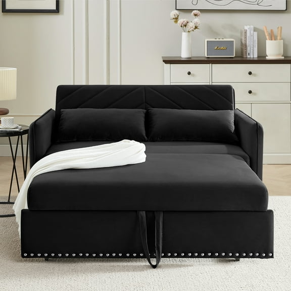 55" Convertible Sleeper Sofa Bed,3 in 1 Convertible Sleeper Loveseat with USB Ports,Modern Velvet Pull Out Sofa Bed with 2 Pillows and Rivet Design for Living Room Furniture,Black