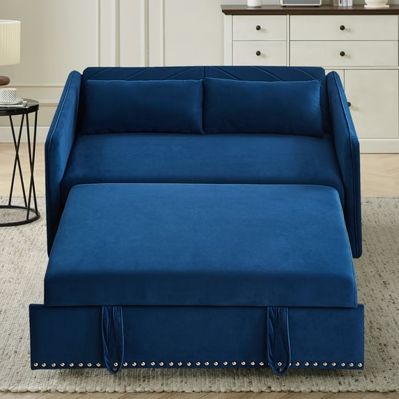 55" Convertible Sleeper Sofa Bed,3 in 1 Convertible Sleeper Loveseat with USB Ports,Modern Velvet Pull Out Sofa Bed with 2 Pillows and Rivet Design for Living Room Furniture,Blue