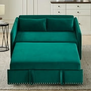55 Convertible Sleeper Sofa Bed,3 in 1 Convertible Sleeper Loveseat with USB Ports,Modern Velvet Pull Out Sofa Bed with 2 Pillows and Rivet Design for Living Room Furniture,Green