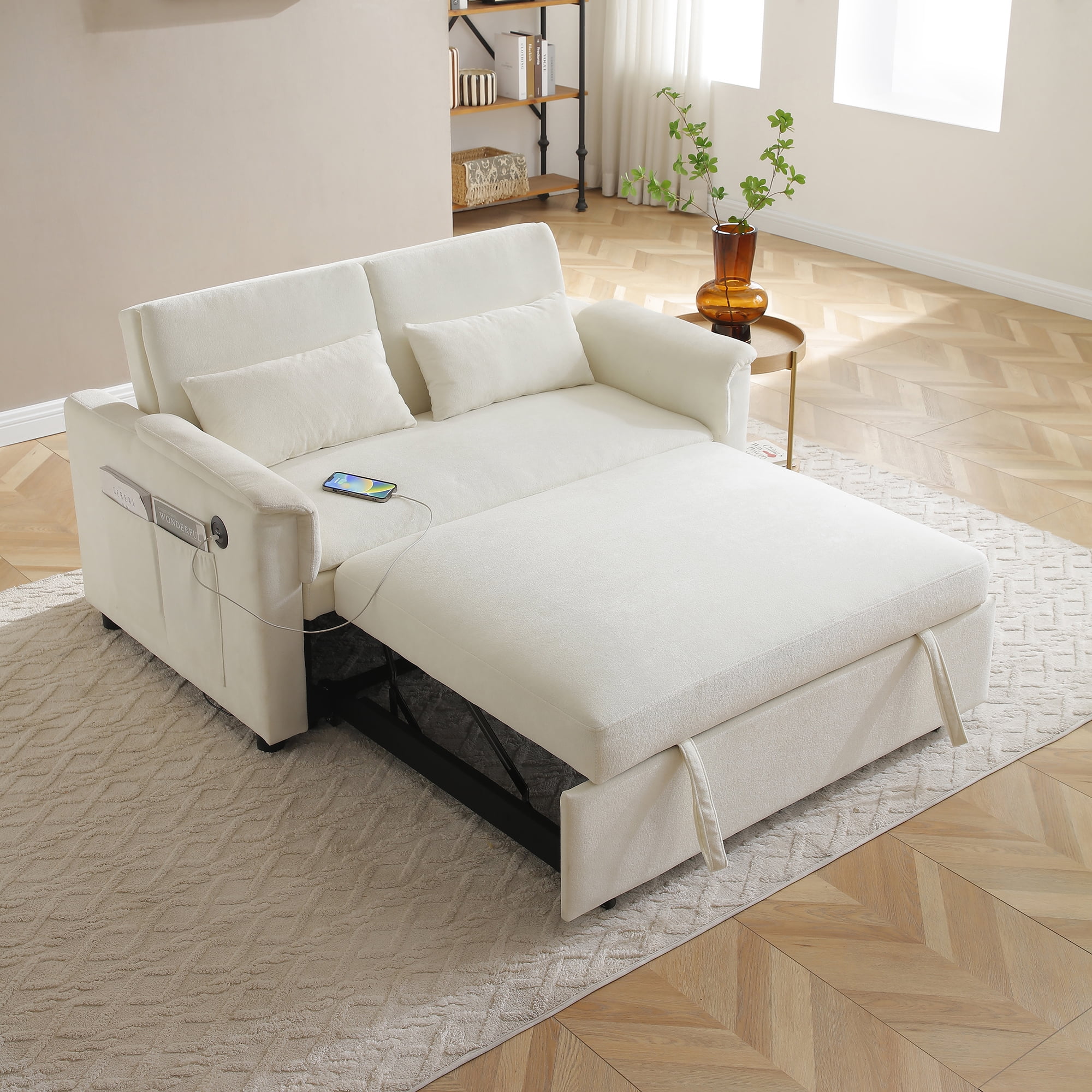 55" Convertible Sleeper Sofa Bed,3 in 1 Velvet Pull Out Sofa Bed with Adjustable Backrest & USB Ports,Modern Loveseat Sofa Couch for Living Room,Apartment,Beige