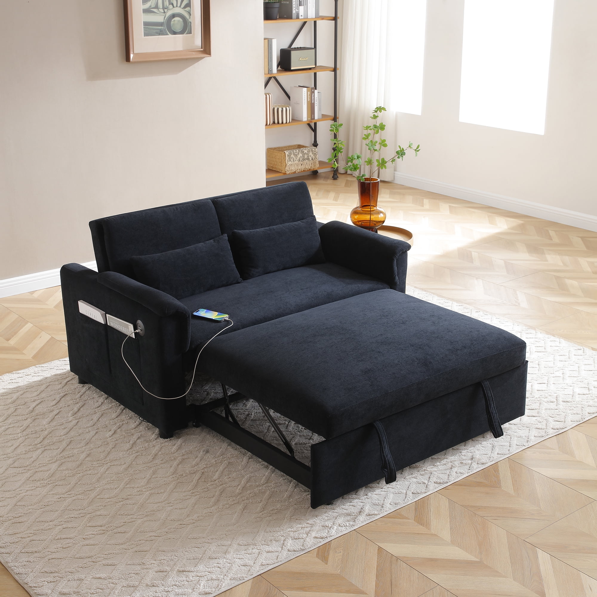 55" Convertible Sleeper Sofa Bed,3 in 1 Velvet Pull Out Sofa Bed with Adjustable Backrest & USB Ports,Modern Loveseat Sofa Couch for Living Room,Apartment,Black