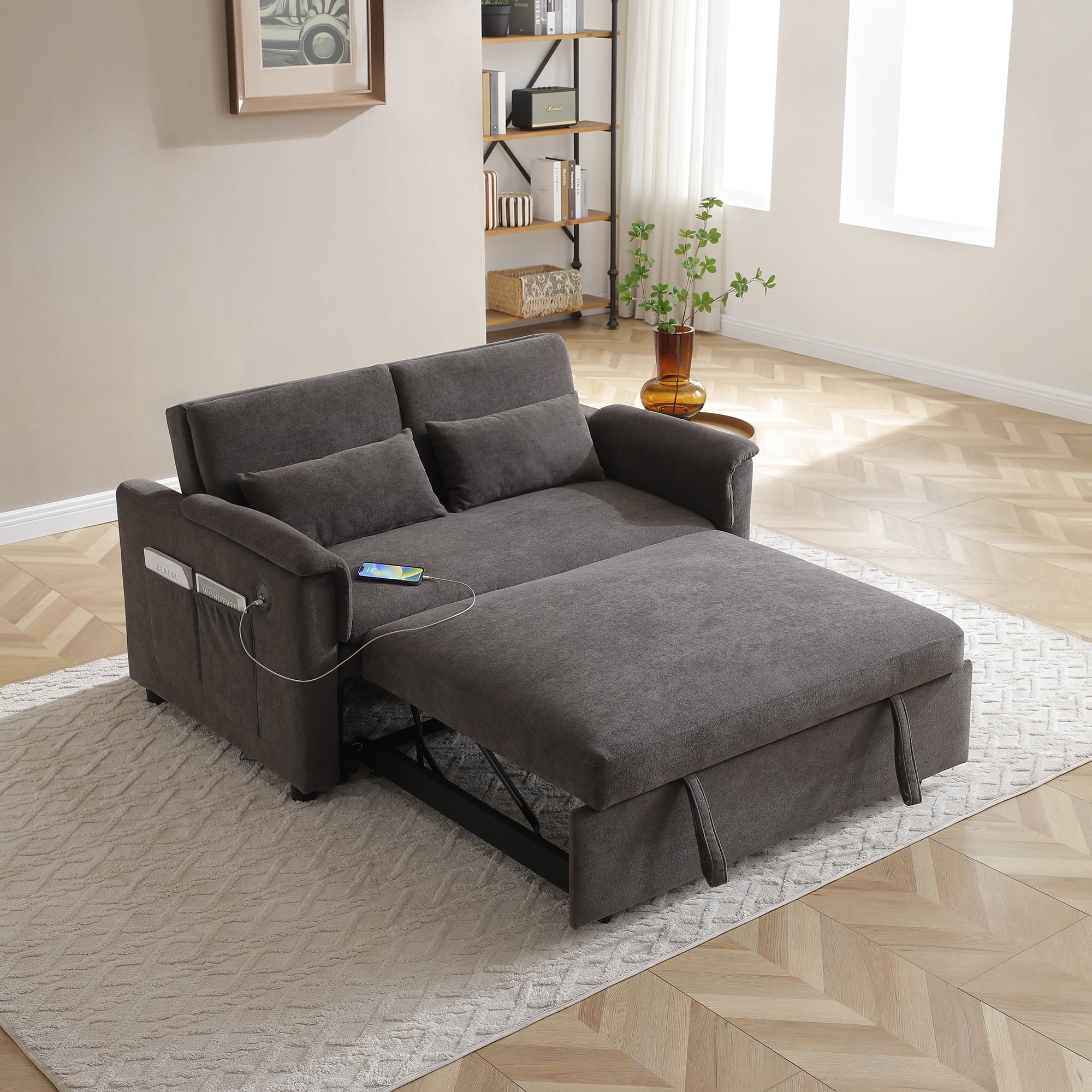 55" Convertible Sleeper Sofa Bed,3 in 1 Velvet Pull Out Sofa Bed with Adjustable Backrest & USB Ports,Modern Loveseat Sofa Couch for Living Room,Apartment,DARK GREY
