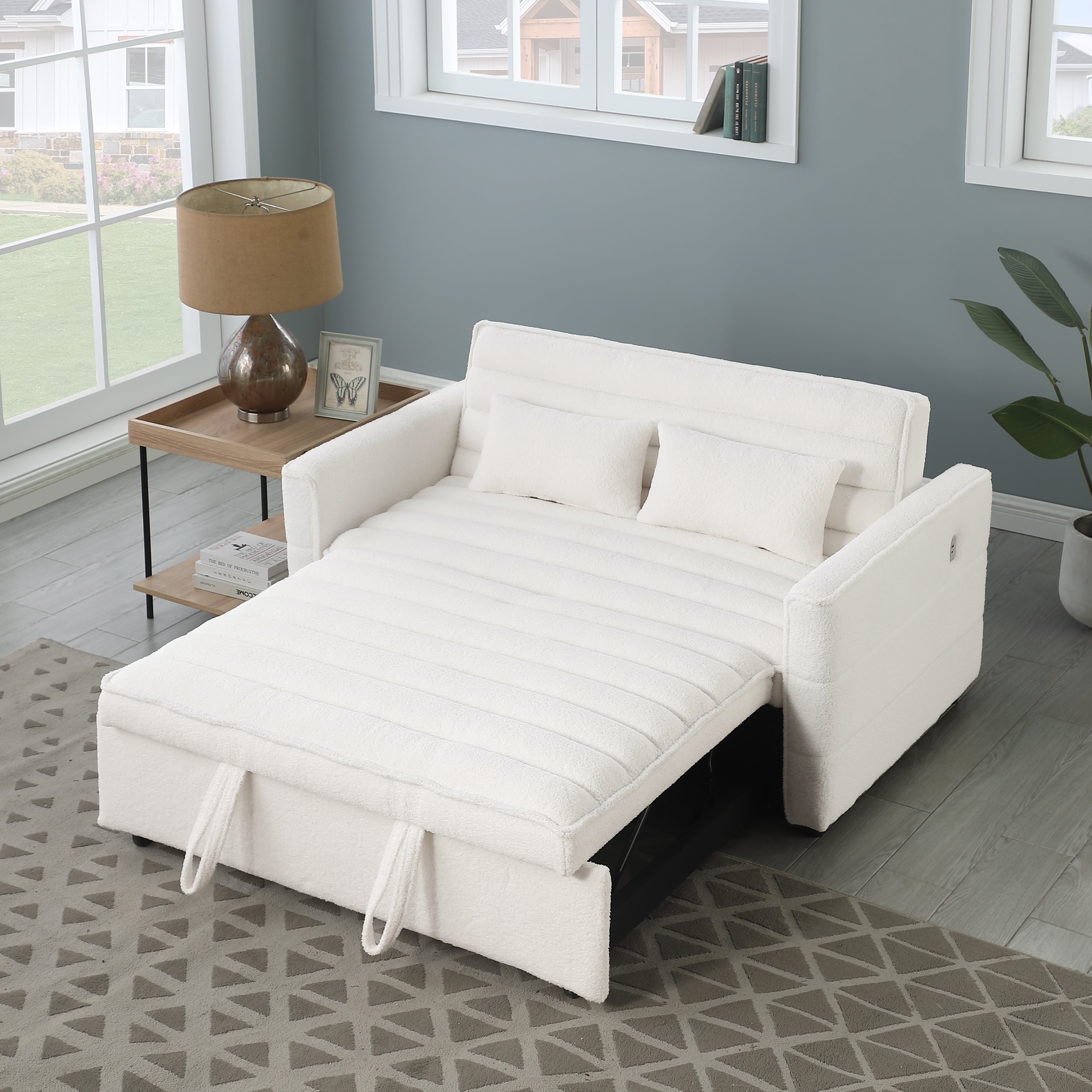 55" Convertible Sleeper Sofa Bed,Modern Boucle 3 in 1 Sleeper Sofa Couch Bed with 2 Pillows and Adjustable Backrest,2-Sater Sofa for Living Room, Bedroom,Beige