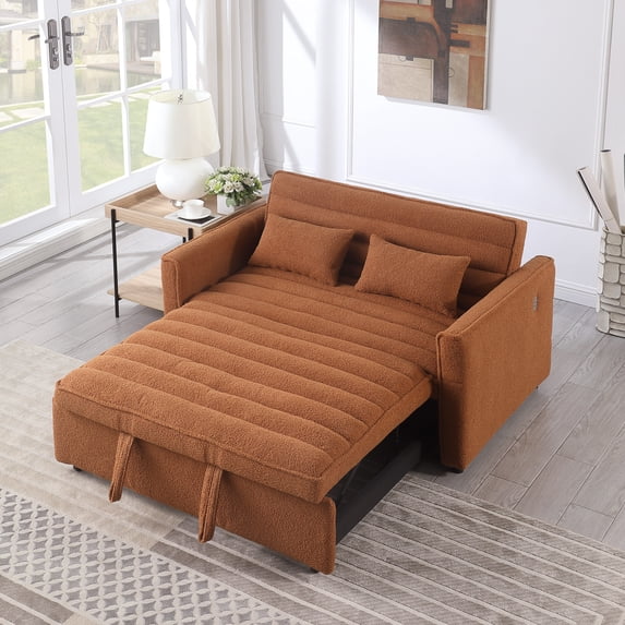 55" Convertible Sleeper Sofa Bed,Modern Boucle 3 in 1 Sleeper Sofa Couch Bed with 2 Pillows and Adjustable Backrest,2-Sater Sofa for Living Room, Bedroom,Light Brown