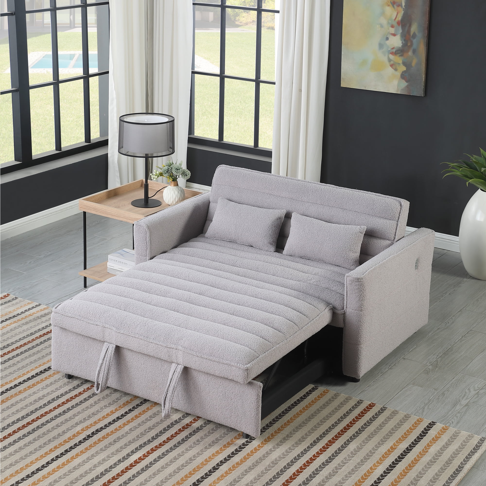 55" Convertible Sleeper Sofa Bed,Modern Boucle 3 in 1 Sleeper Sofa Couch Bed with 2 Pillows and Adjustable Backrest,2-Sater Sofa for Living Room, Bedroom,Light Gray