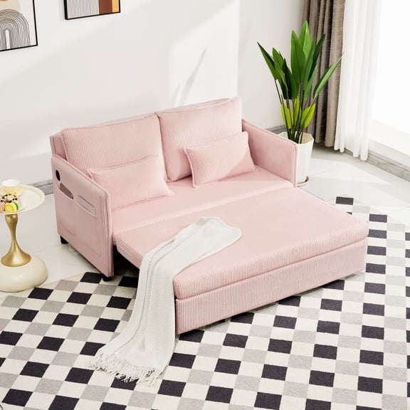 55"Convertible Sofa Bed,Pull Out Bed,3-in-1 Sofa with Side Pocket& USB Ports,Modern Corduroy Couch for Living Room, Small Space, Apartment, Bedroom, Pink