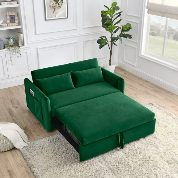 55" Convertible Sofa Bed, Velvet Upholstered Loveseat with 2 Pillows and Adjustable Backrest, Modern Sofa Sleeper with Pull-out Sleeper, Square Armrest and Side Pockets for Living Room, Green
