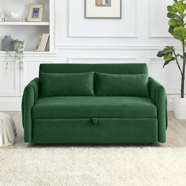 55" Convertible Velvet Loveseat Sofa Bed with 2 Detachable Arm Pockets, Pull Out Bed with 2 Pillows for Living Room, Green