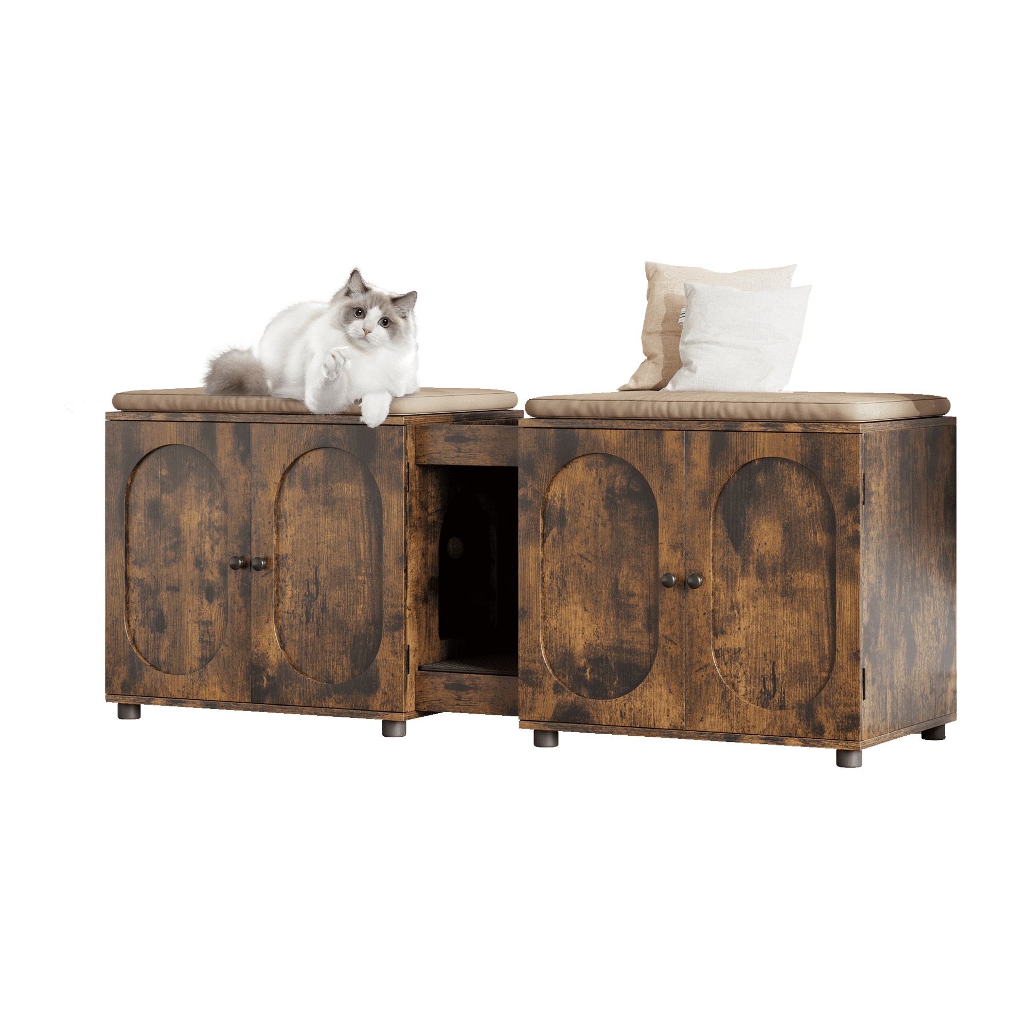 55" Double Cat Litter Box Enclosure for 2 Cats, Modern Self Cleaning Extra Large Hidden Cat Litter Box Furniture, Front Entry, Wooden Hidden Cat Washroom, Side End Table, Cat House, TV Stand
