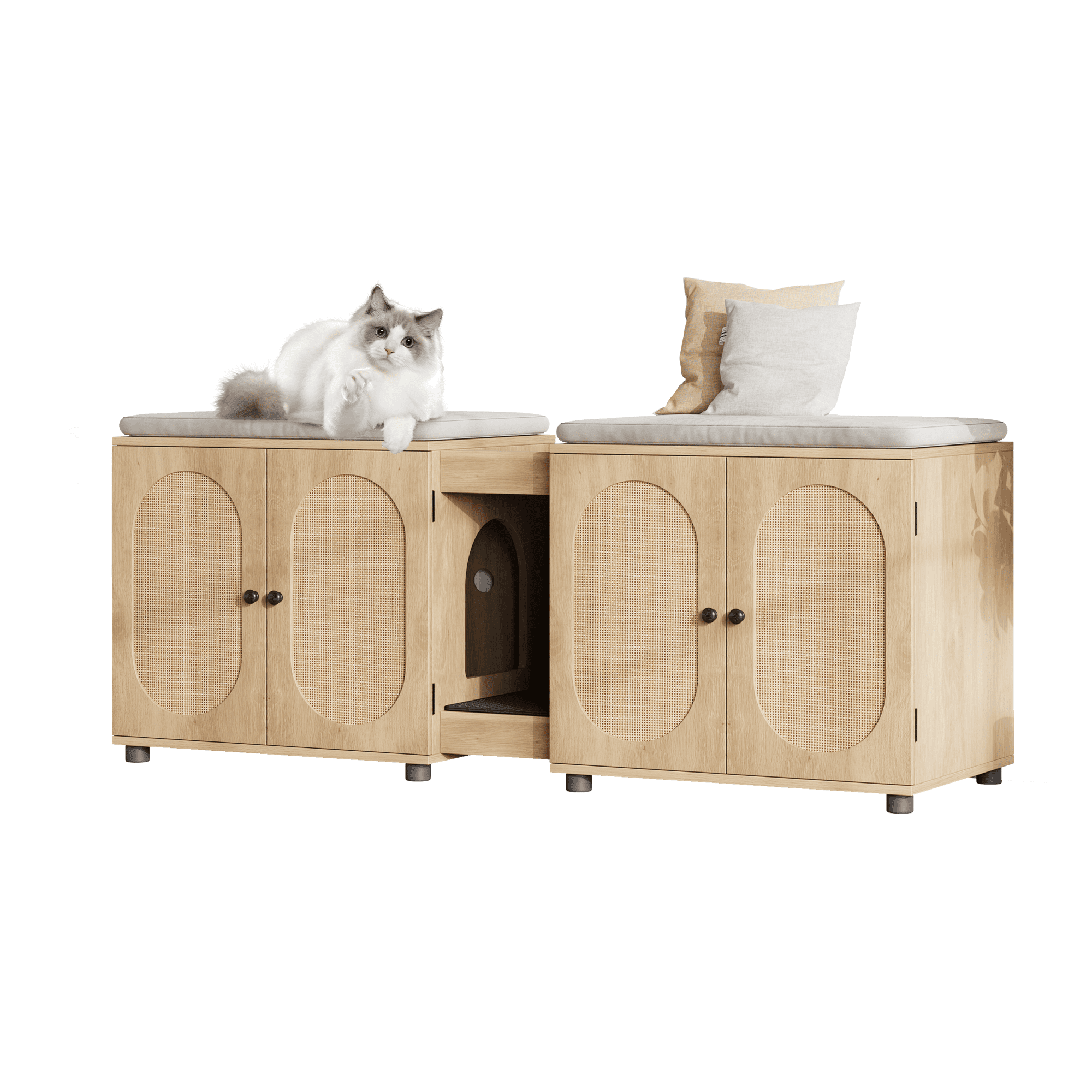 55" Double Cat Litter Box Enclosure for 2 Cats, Modern Self Cleaning Extra Large Hidden Cat Litter Box Furniture, Front Entry, Wooden Hidden Cat Washroom, Side End Table, Cat House, TV Stand