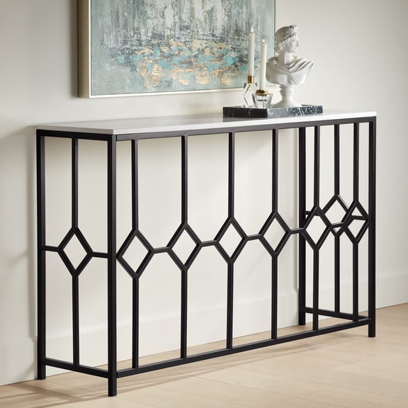 55 Downing Street Addy Modern Iron Rectangular Console Table 52 1/4" x 14" Black Geometrical White Stone Tabletop for Living Room