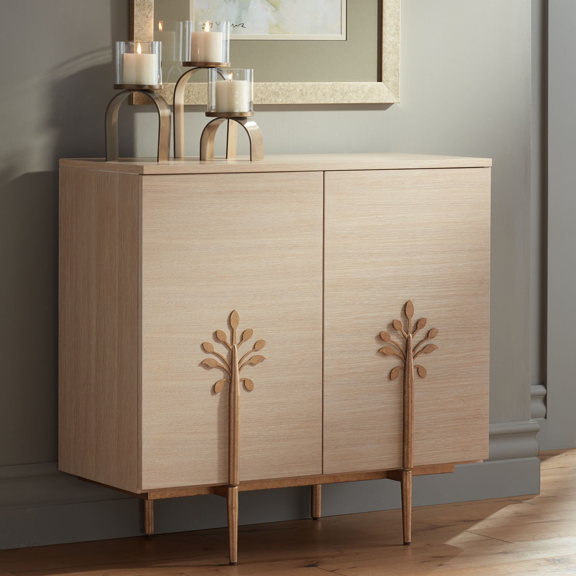 Light Oak Wood 2-Door Cabinet with Bronze Flower Pulls
