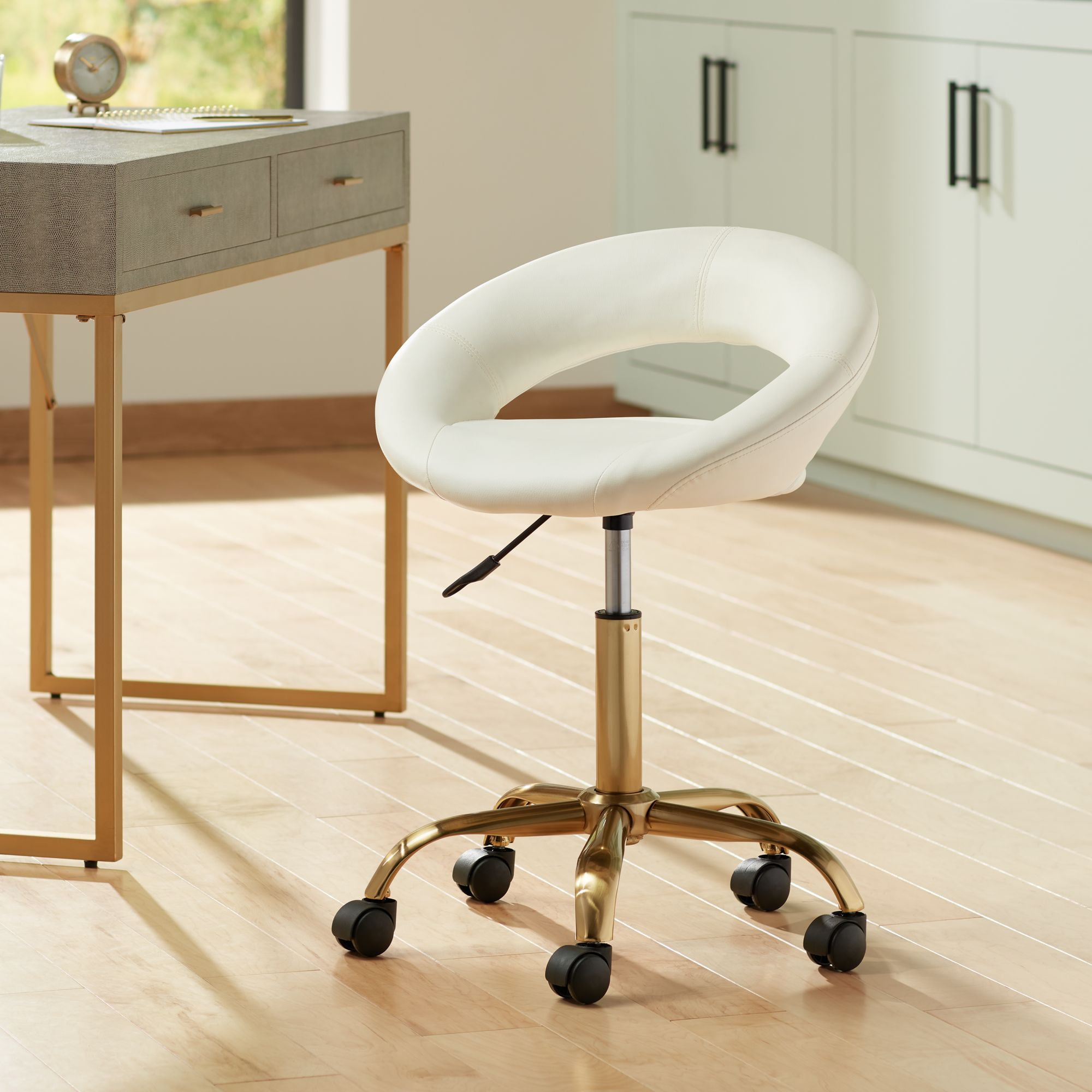 White Faux Leather Armless Adjustable Office Chair with Gold Base