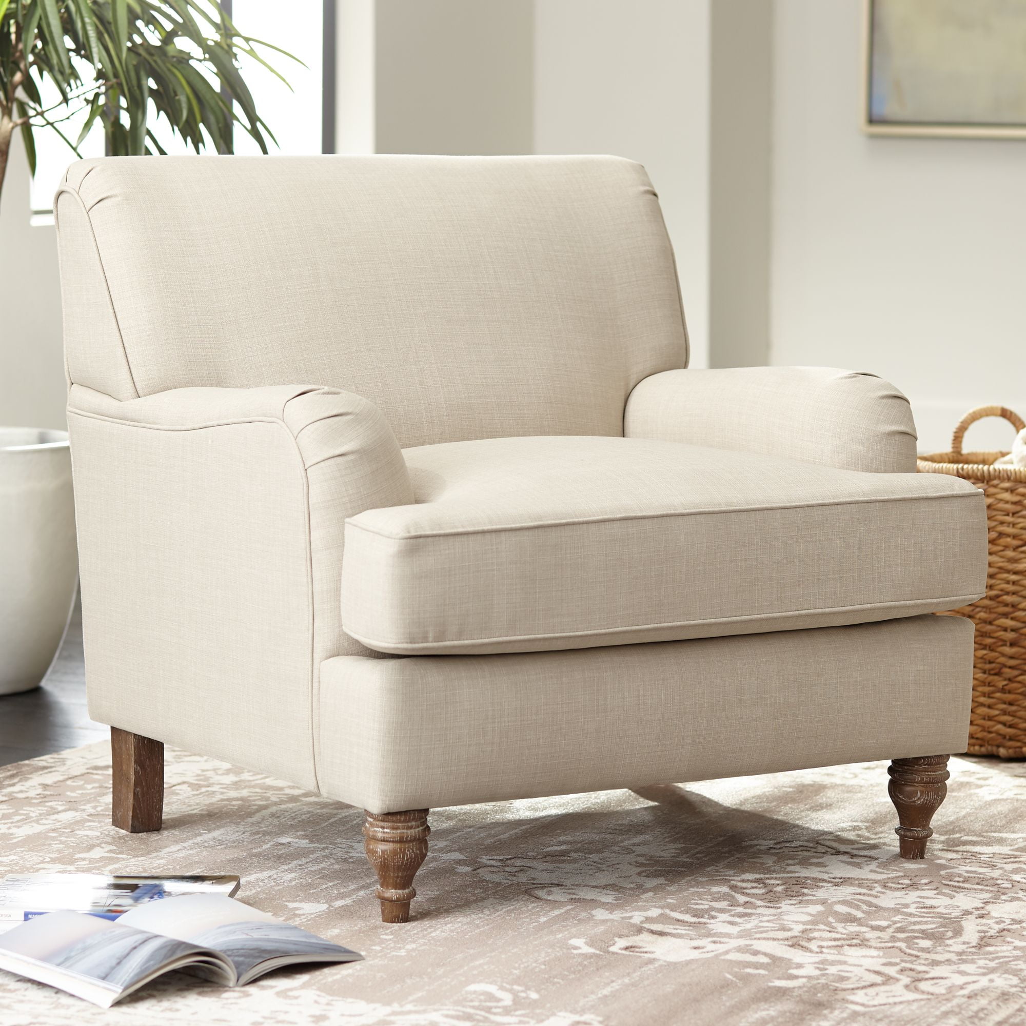 Cantebury Colony Linen Upholstered Armchair with Brown Wood Legs