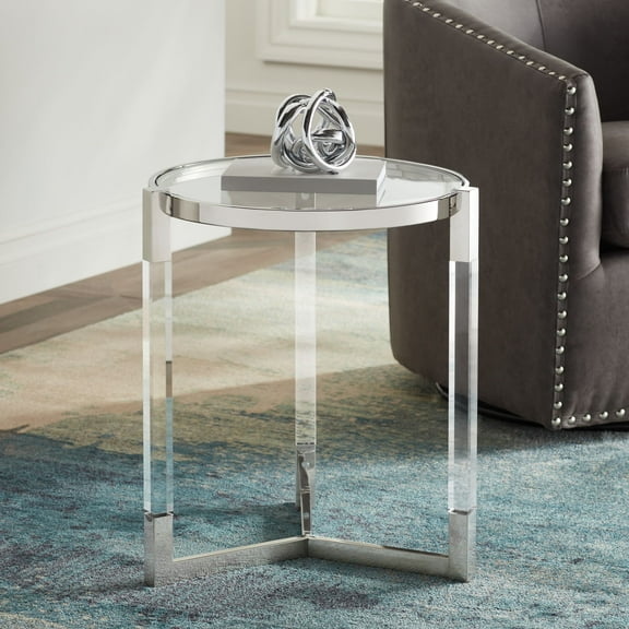 55 Downing Street Darla Modern Metal Round Accent Table 19" Wide Silver Glass Tabletop Clear Acrylic Frame for Living Room Bedroom Bedside Entryway