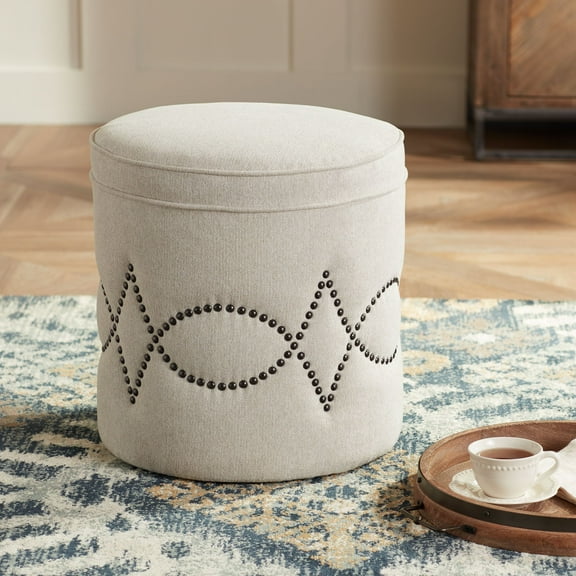 55 Downing Street Iriza Oatmeal Nailhead Round Ottoman