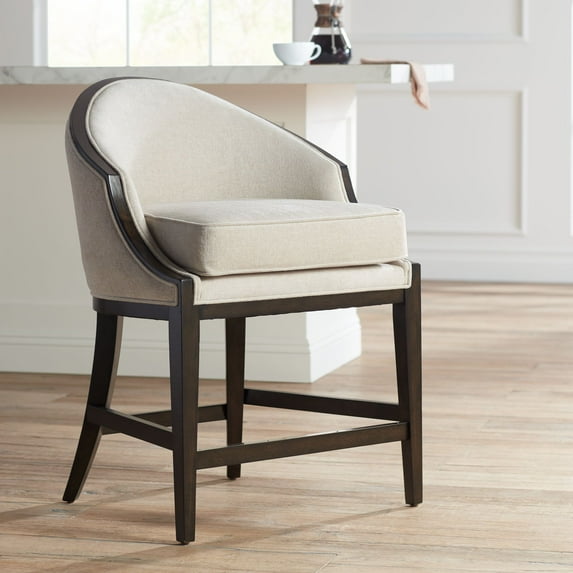 55 Downing Street Jasper Truffle Wood Bar Stool Brown 25" High Modern Oatmeal Fabric Cushion with Backrest Footrest for Kitchen Counter Height Island