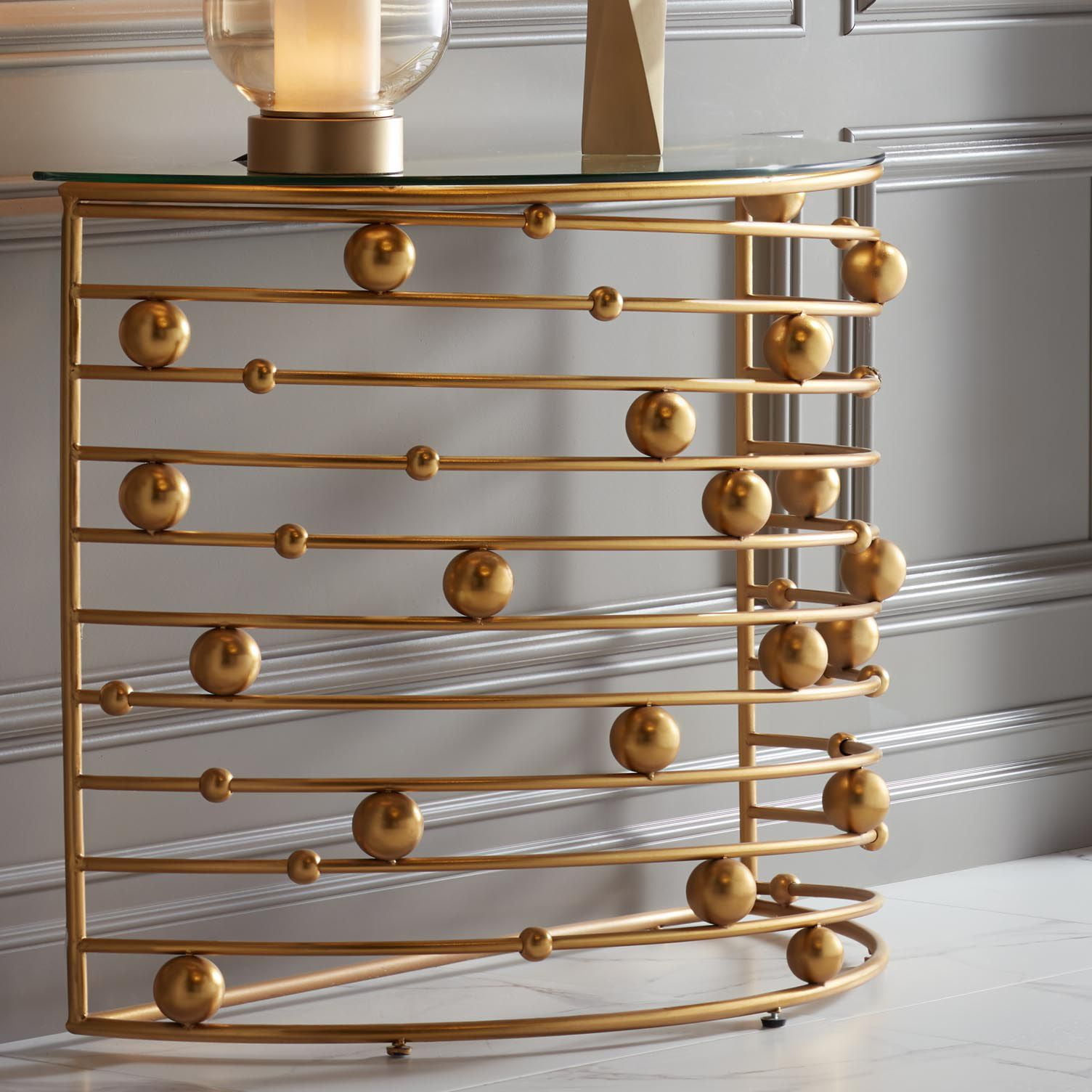 Liam Gold Beaded Demilune Console with Mirrored Top
