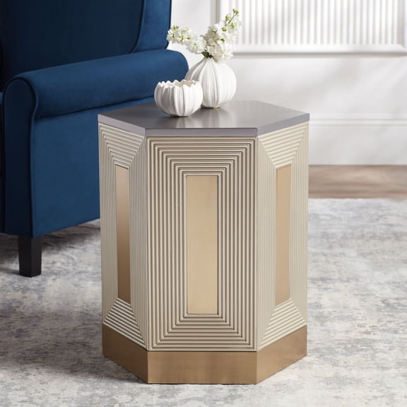 55 Downing Street Modern Champagne Silver Metal Hexagon Accent Side End Table 24" Wide for Living Room Bedroom Bedside Entryway