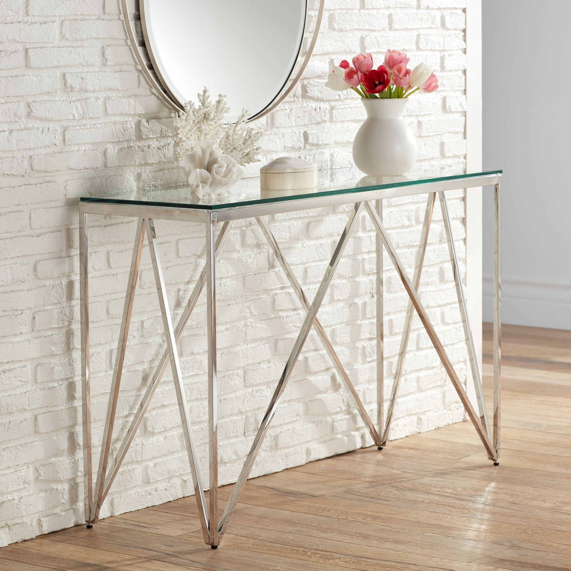 Modern Chrome Stainless Steel and Glass Console Table