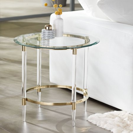 55 Downing Street Modern Minimalist Glass Round Accent Side End Table 24 3/4" Wide Clear Gold Rings for Living Room Bedroom Bedside Entryway House