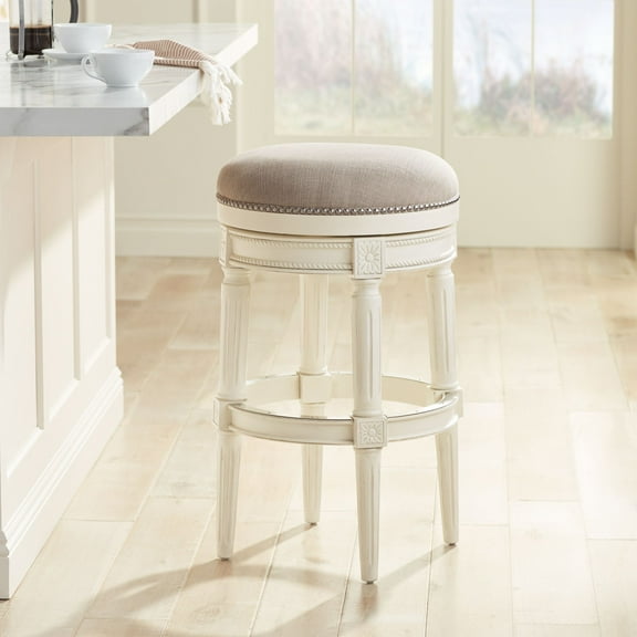 55 Downing Street Oliver Wood Swivel Bar Stool Distressed White 30 1/2" High Traditional Cream Round Cushion with Footrest for Kitchen Counter Height