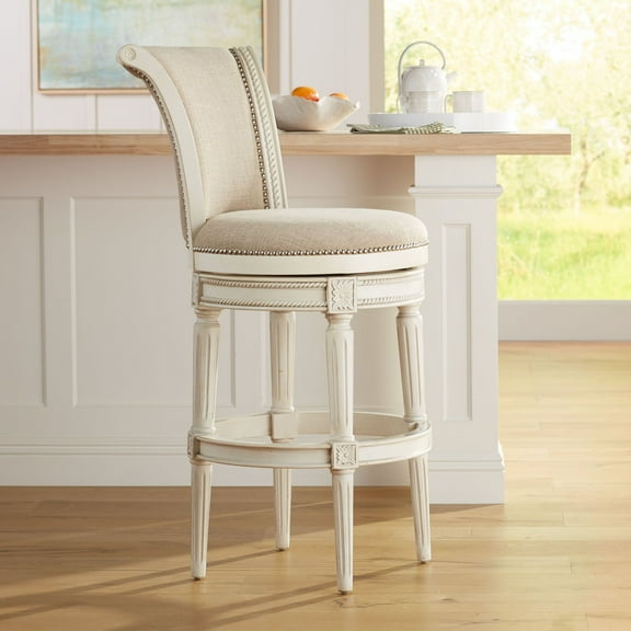 55 Downing Street Oliver Wood Swivel Bar Stool White 30 1/2" High Traditional Scroll Cream Cushion with Backrest Footrest for Kitchen Counter Height