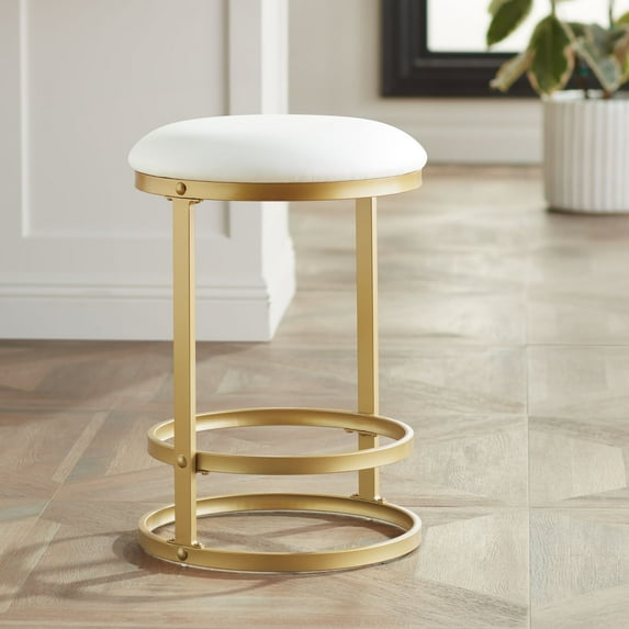 55 Downing Street Palmer Gold Metal Bar Stool 26" High Modern White Fabric Round Cushion with Footrest for Kitchen Counter Height Island Home House